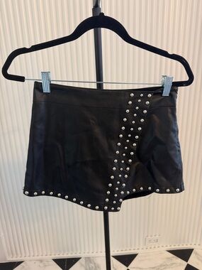 Free People Black Faux Leather Mini Skort with Silver Studs